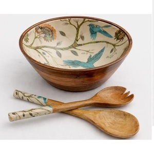 Bol à salade et à mélanger en bois fait main avec motif imprimé émaillé pour la cuisine et la salle à manger, bol décoratif en bois de manguier pour fruits - Product Image 2