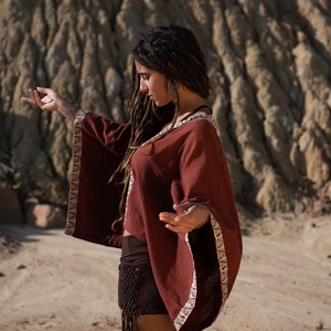 Loose Fit Cotton <b>Poncho</b> Top With Oversized Batwing Sleeves And Handcrafted Tribal Pattern Free Size - Product Image 1