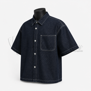 Camisa de Manga Corta de Mezclilla Índigo Oscuro Premium Personalizada para Hombre, Fabricante de Ropa de Marca Privada OEM ODM - Product Image 3