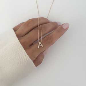 Initial Letter Necklace 14K 18K <b>Solid</b> <b>Gold</b> Pave Set Lab Grown Diamond Dainty Custom Name <b>Pendant</b> Minimalist 16 Inch Chain Charms - Product Image 1