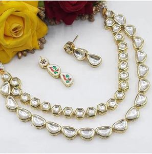 Indian Kundan Zircon Crystal Double Line Necklace <b>Choker</b> Earrings Copper Alloy <b>Silver</b> Plated Women Wholesale Set Party Wear - Product Image 3