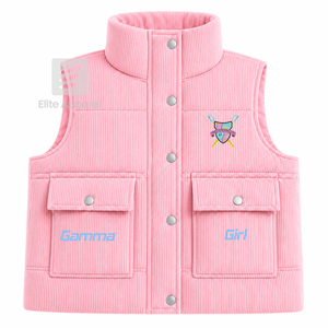 Chaleco acolchado personalizado de la hermandad Gamma Phi Delta con logotipo bordado en la parte delantera, color rosa y azul claro, sin mangas, para mujer. - Product Image 2