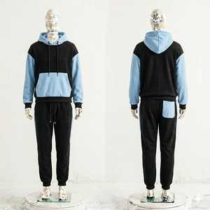 Ensemble de survêtement en molleton noir et bleu pour homme, sweat à capuche et pantalon de jogging bicolores, vêtements de sport d'hiver confortables, tenue athlétique - Product Image 1