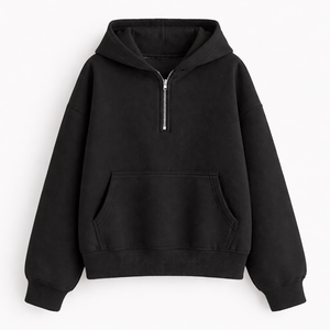 Sweat à capuche oversize pour femme, demi-zip, épaules tombantes, en polaire douce, style minimaliste, streetwear hiver, mode 2026 - Product Image 1
