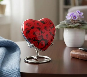 Urne funéraire en forme de cœur avec motif de rose rouge, urne décorative pour cendres d'adultes, pour cendres de femmes et d'hommes - Product Image 1