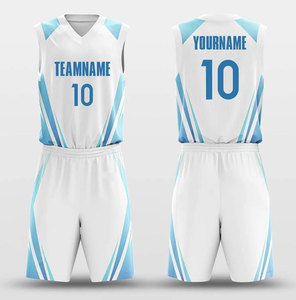 Custom Basketball Uniform Set <b>White</b> Blue Sublimated V-Neck Sleeveless Jersey With Matching Shorts Moisture Wicking Adult Unisex - Product Image 1