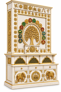 Mandir en bois de teck Vedic Tree Kalpavriksha, unité de temple en bois sculpté lourdement, pour la maison, finition noyer foncé, armoire de prière, en vente au Royaume-Uni - Product Image 3