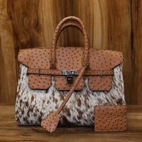 Tas Tote Kulit Burung Unta Asli & Kulit Sapi Hairon Buatan Tangan dengan Dompet Senada, Tas Tangan Mewah Model Kunci Barat untuk Wanita