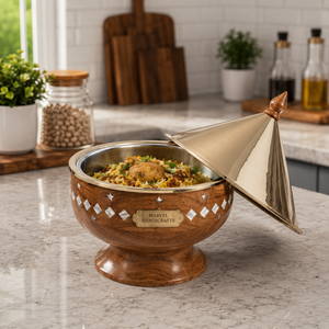 Luxury Wooden Insulated Casserole with Stainless Steel Inner Gold Finish Serving Pot Double Wall Hot <b>Food</b> <b>Server</b> Handmade - Product Image 3