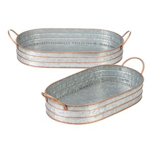 Juego de 2 bandejas ovaladas de metal galvanizado estilo rústico, platos decorativos de zinc con detalles y asas de cobre para decoración del hogar - Product Image 1