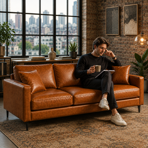 Mid-Century Modern Genuine Cowhide Leather Sofa 3 Seater Brown Leather Couch <b>for</b> Modern Stylish Living Rooms Furniture - Product Image 6
