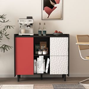 Credenza Nera con Ante Rosse, Design Unico del Pannello, 2 Scomparti Aperti e 2 Cassetti - Product Image 3