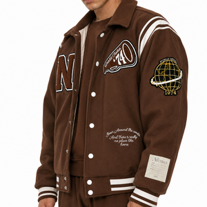 Men's Brown Varsity <b>Jacket</b> With Embroidered N Logo And Patch Preppy Style Turn-down Collar Cotton Material - Product Image 1
