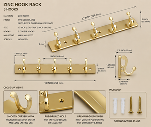 Colgador de pared de aleación de zinc al por mayor con 5 ganchos dobles, ecológico, duradero, fácil instalación, para hotel y villa, PVD - Product Image 2