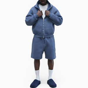 Conjunto de Sudadera con Capucha y Pantalones de Chándal de Algodón Grueso para Hombre - Chándal Azul Acero Personalizado con Cremallera Bidireccional, Estilo Urbano, Venta al por Mayor - Product Image 2