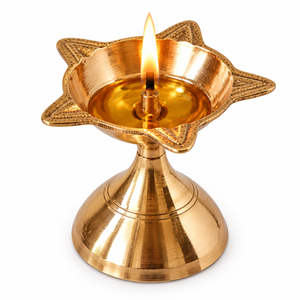 Antique Brass Star Shape Diya Oil Lamp with Pedestal Stand Traditional Puja Deepak for <b>Home</b> Temple Festive Decor - Product Image 1