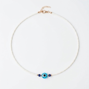 Collier ras du cou minimaliste avec perles œil porte-bonheur, chaîne délicate en perles blanches, amulette de protection porte-bonheur, bijoux bohèmes, vente en gros - Product Image 2