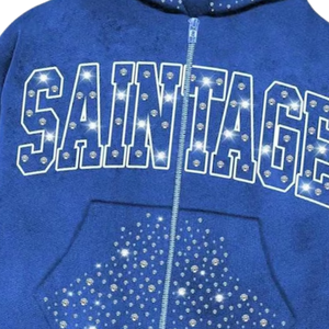 <b>Blue</b> Rhinestone Hoodie Pullover Sweatshirt Custom Logo Winter Tracksuit Top Wholesale Mens Casual 100% Cotton Fleece - Product Image 6