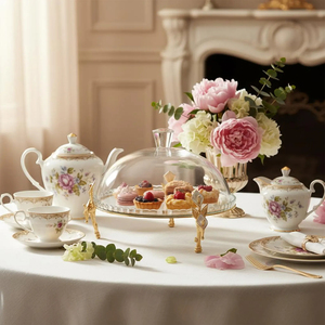 Support à gâteau de mariage de luxe doré avec dôme en verre, plateau à fruits, bordure à motif floral, présentoir à desserts, outils de décoration - Product Image 4
