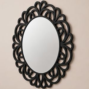 ORNATE PETAL FRAME WALL <b>MIRROR</b> Modern Round Decorative Wall <b>Mirror</b> with <b>Black</b> <b>Metal</b> Petal Frame from India - Product Image 3