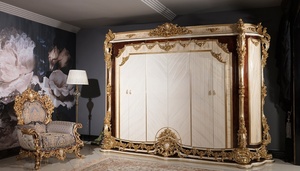 Luxury Royal Mahogany Wood <b>Bedroom</b> Set Gold Carved Four Poster Canopy King Bed with Wardrobe Nightstands and <b>Dressing</b> <b>Table</b> - Product Image 6