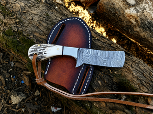 Cuchillo vaquero pequeño hecho a mano de acero de Damasco con mango de asta de ciervo, cuchillo Skinner para desollar, regalo para él, regalo de boda, regalos para hombres - Product Image 3