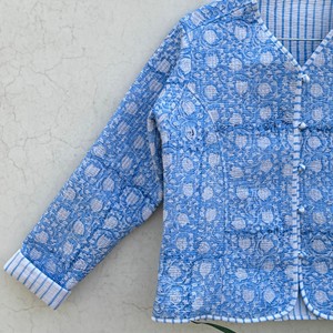 Blue Embossed Print V-Neck <b>Cardigan</b> Full Sleeve Cotton Quilted Jacket <b>Spring</b> Outerwear Elegant Women's Coat - Product Image 4