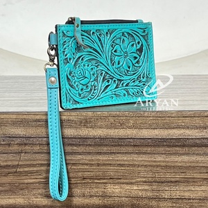 Cartera pequeña de cuero con diseño floral personalizado, monedero con grabado floral y tarjetero para tarjetas ATM, con correa para la muñeca, para uso diario. - Product Image 1