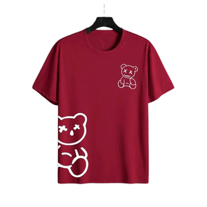 Camiseta Roja de Manga Corta para Hombre con Estampado de Oso de Dibujos Animados, Cuello Redondo, Corte Regular Informal, 100% Algodón Jersey, Estampado Serigrafiado - Product Image 1