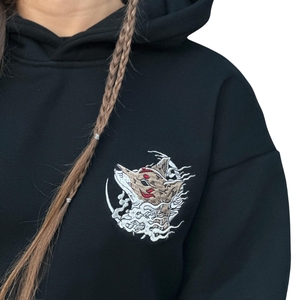 Sudadera con Capucha de 9 Colas con Bordado Intenso e Impresión Digital de Kitsune Japonés |   Felpa de Algodón 100% de 400 GSM para Invierno, Edición Folklore - Product Image 5