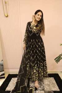 Vestido Anarkali Negro Bordado de Manga Larga con Dupatta, Vestido de Fiesta y Boda para Mujer, Reversible, Sin Arrugas, en Stock 314 - Product Image 2
