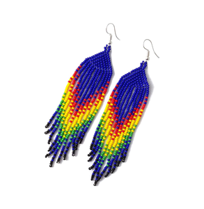 Boucles d'oreilles à franges perlées, bijoux de fête avec perles jaunes, oranges, noires et blanches, bijoux longs pour femmes - Product Image 5