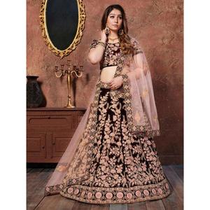 Hilo marrón oscuro bordado terciopelo seda nupcial Lehenga Choli - Product Image 3