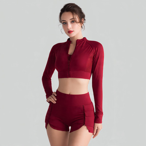 <b>Yoga</b> Wear Crop <b>Jacket</b> Shorts Set Women 100% Polyester Long Sleeve Zipper <b>Jackets</b> Elastic Waist Shorts Two Piece Set Women's - Product Image 3