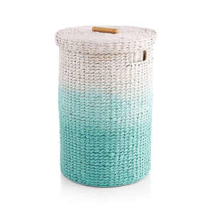 Handmade Ombre Teal Water Hyacinth Basket Woven Storage <b>Container</b> Eco Friendly Laundry Hamper with Matching Lid Style New - Product Image 1