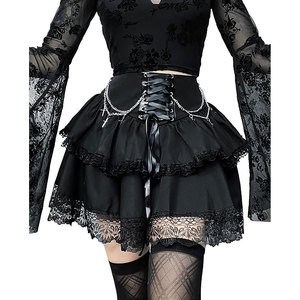 Customized Women's Mini Gothic Skirt Tie <b>Waist</b> Lace Up Double Layered Ruffles Skirt Set with <b>Chain</b> OEM ODM - Product Image 2