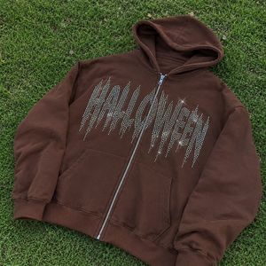 เสื้อแจ็คเก็ตฮู้ดดี้สีน้ำตาลทรงโอเวอร์ไซส์สำหรับผู้ชาย พร้อมซิปแบบเต็มตัวและโลโก้ประดับเพชร เสื้อสเวตเชิ้ตสตรีทแวร์เนื้อหนา รับผลิตตามแบบ OEM - Product Image 6