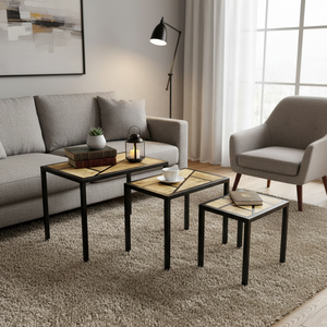 Ensemble de tables gigognes en bois de manguier géométriques modernes, 3 pièces, cadre en métal industriel, tables d'appoint, gain de place, meubles rustiques pour salon - Product Image 1