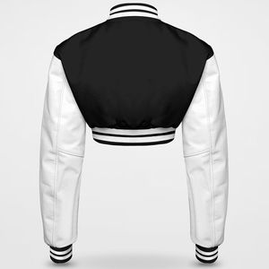 Veste universelle en jean PU style universitaire noir et blanc, coupe punk rock, longueur standard, col montant, simple boutonnage, coupe ajustée, pour l'hiver - Product Image 2