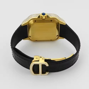 Montre de luxe pour femme en acier inoxydable rectangulaire avec lunette sertie de diamants, bracelet en cuir noir, boucle, mouvement à quartz - Product Image 2