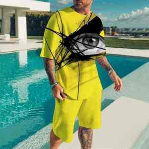 Ensemble de vêtements décontractés pour homme, jaune uni, manches courtes, deux pièces, pour la plage, séchage rapide, coton/polyester - Product Image 6