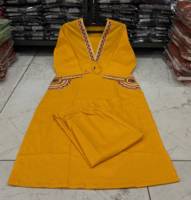 Kurta en coton brodé jaune pour femme, robe midi ample de style ethnique, décontractée, style indien pakistanais, manches trois quarts