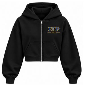 Sweat-shirt en molleton noir à fermeture éclair intégrale avec broderie ETP 1922 bleu or et lettres grecques personnalisées, avec poche kangourou - Product Image 1