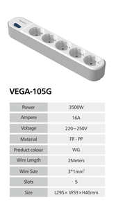 Enchufe de Sobremesa Estándar con Conexión a Tierra, 16A, 5 Tomas, Diseño Personalizado Europeo VEGA, Prevención de Incendios, Conexión de Cobre, para Hogar y Comercio - Product Image 5