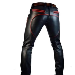 Men's <b>Black</b> Leather Biker <b>Pants</b> with Red Stitching Mid Waist Straight Fit Casual Lightweight SPECIOUS SPORTS 2027 - Product Image 2