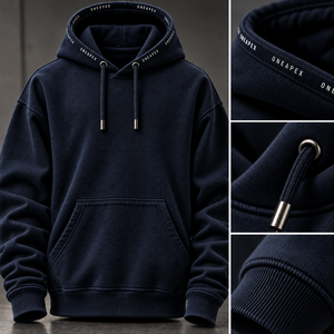 Sudadera con Capucha Azul Marino para Hombre, Corte Holgado, Estilo Casual, Color Sólido, Felpa Francesa de Algodón, para Otoño - Product Image 6