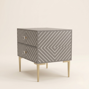 <b>Grey</b> Bone Inlay 2 <b>Drawer</b> Bedside Table| Chevron Stripe Design Bedside Table | Premium Handmade Furniture - Product Image 2