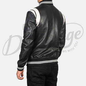 Blouson bomber en cuir véritable noir pour homme avec contraste blanc sur les épaules et poignets côtelés rayés, style classique, vêtement d'extérieur - Product Image 2
