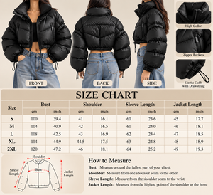 Women's Black Cropped Puffer Jacket Hooded Quilted Winter <b>Coat</b> Zip Up Full Sleeve Thick Polyester Wadding Short Length - Product Image 5