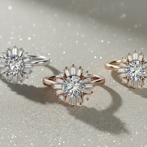 Anillo de compromiso Stonewels chapado en oro rosa con halo de diamantes baguette y estilo vintage, engaste de garra, certificado, unisex - Product Image 4